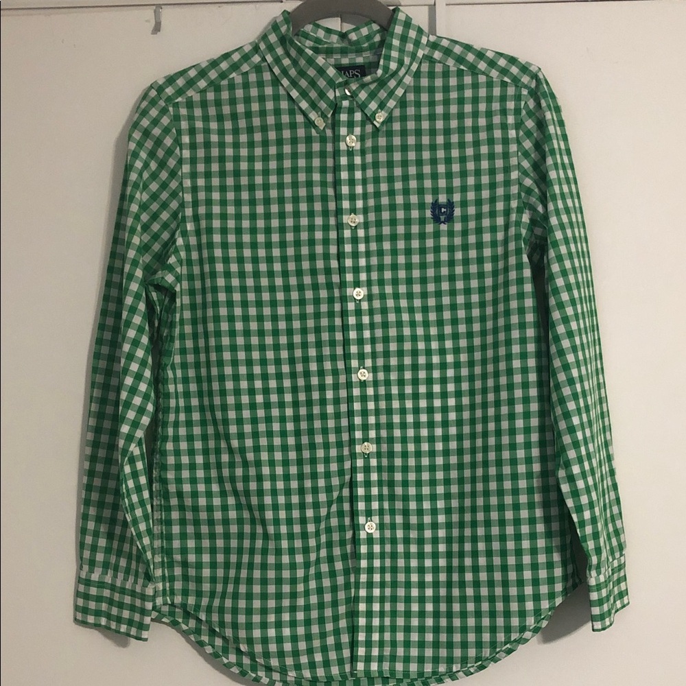 Chaps Boy’s Green and White Gingham Button-Down Shirt